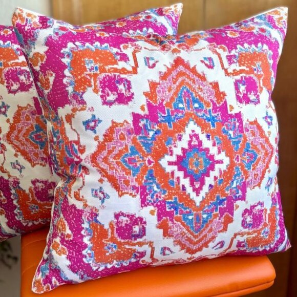 Set/2 Vibrant Pink & Orange Persian Design Outdoor Patio Pillow Cushion Covers - Picture 3 of 4